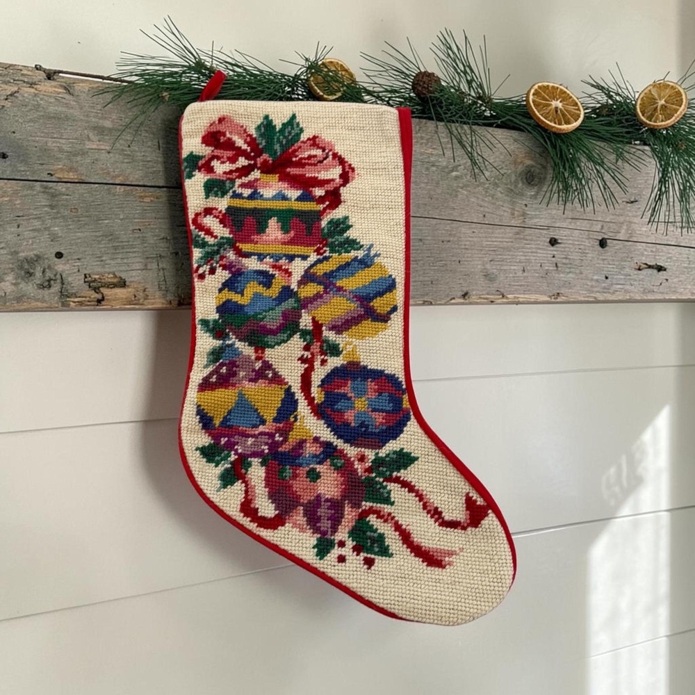 Vtg 90s Needlepoint by Hand Christmas Stocking Ornaments 10x16 Wool Farmhouse